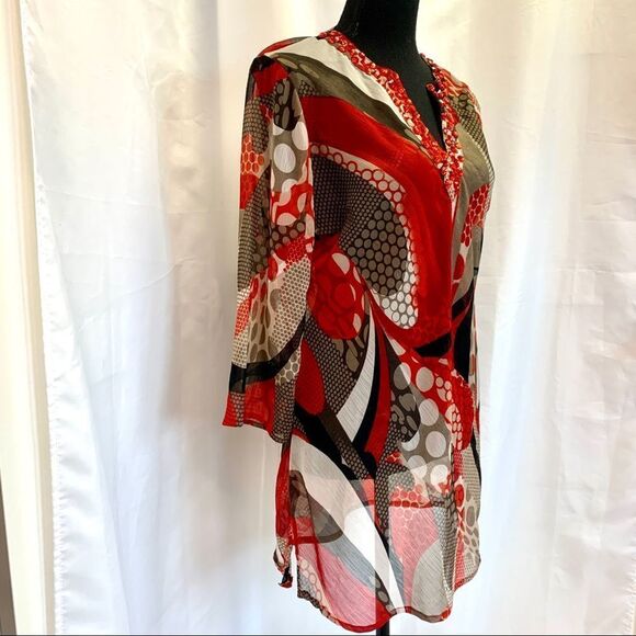 BELLISSIMA red tan gem embellished V-neckline sheer coverup blouse Sz S 🇨🇦🔥 - Picture 3 of 11